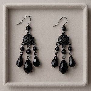 Premier Designs PARISIAN Black Beaded Chandelier Fishhook Earrings NWT 2" #419